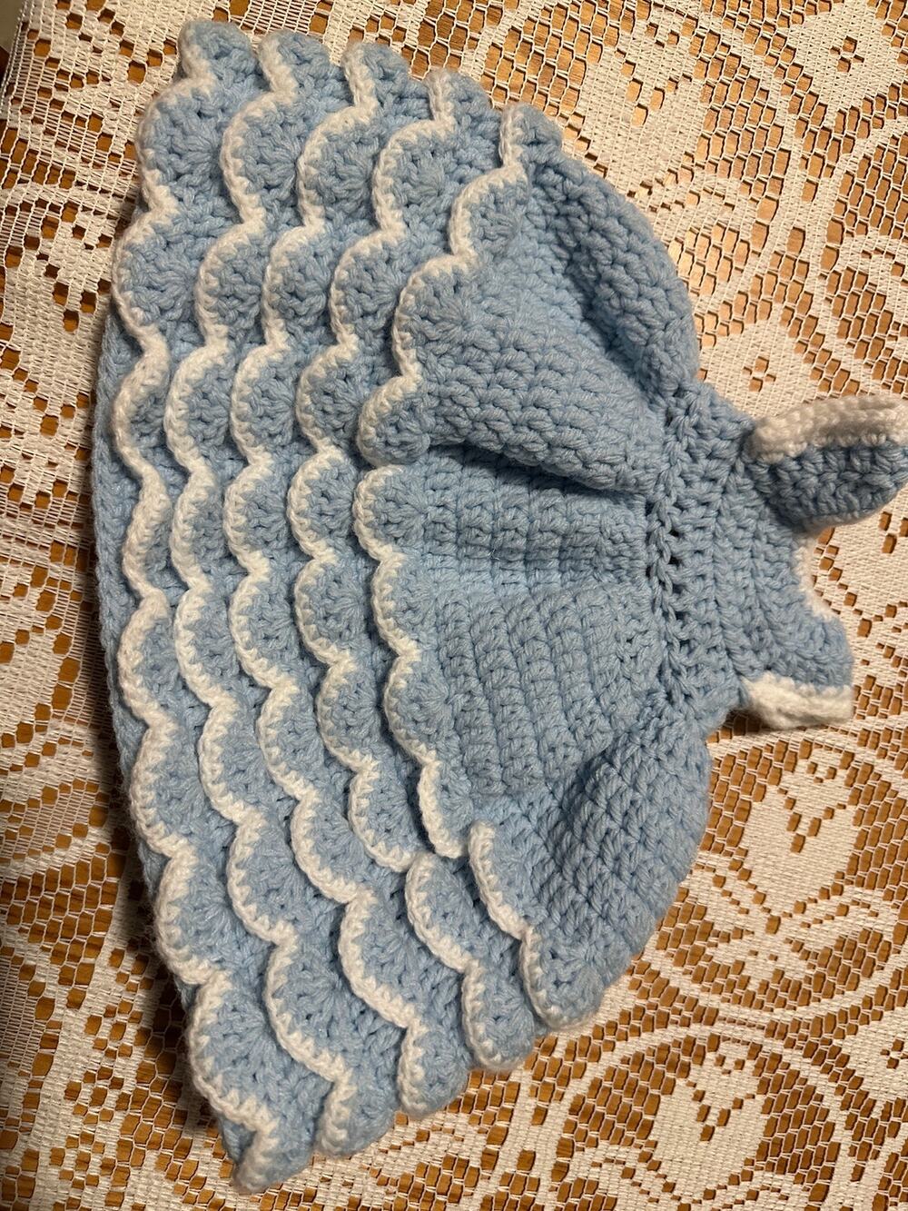 Vintage Crochet Toilet Paper Doll Cover Skirt Blue White Ruffle Kitsch Bathroom